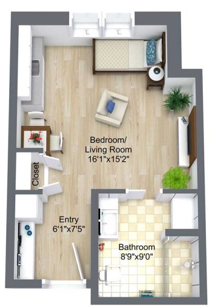 3d Floor Plan of Assisted Living Apartment A Level 1