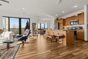 Open-concept senior apartment at Waterford Place featuring a full kitchen, cozy living area, and large windows with scenic views.