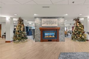 Elegant common area at Waterford Place Apartments featuring a stone fireplace, two decorated Christmas trees, and a warm, inviting atmosphere for residents.