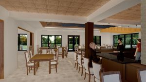 3D architectural rendering of a bright, spacious community dining room and bar area designed for socializing at Cedar Crest Senior Living, a 55+ retirement community in Janesville, WI.