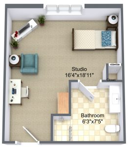 3D top-down floor plan of a studio apartment featuring a combined sleeping and living area, workspace, full bathroom, and closet at Cedar Crest independent living community in Janesville, WI