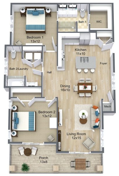 3D floor plan of a two-bedroom, two-bathroom independent living apartment at Cedar Crest in Janesville, WI. This layout highlights a split-bedroom design for privacy, a combined second bathroom and laundry room, an 11x10 kitchen with a breakfast bar, and a large dining space that leads into a bright living room and a 13x8 porch.