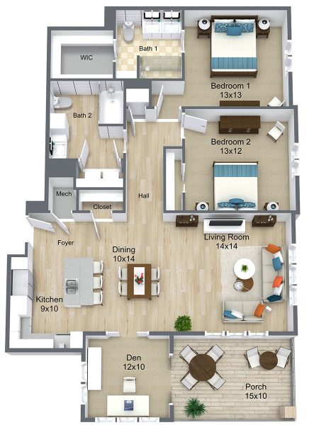 3D rendering of a two-bedroom floor plan at Cedar Crest Senior Living, a non-profit retirement community. This independent living unit features side-by-side bedrooms, two bathrooms, a walk-in closet, and a 12x10 den. The open kitchen and dining area flow into a 14x14 living room, which provides access to a large 15x10 private porch.