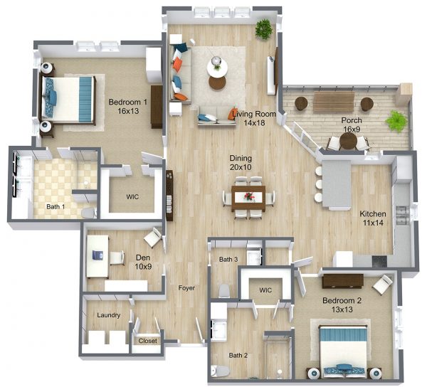 Detailed 3D floor plan for a premium two-bedroom senior apartment at Cedar Crest retirement community. The layout includes two large bedrooms with walk-in closets, three bathrooms, a 10x9 den, and an expansive 20x10 dining area. The living room opens to a unique angled porch, perfect for active adults 55+ looking for independent living in Janesville.