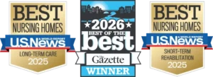 A graphic showcasing multiple accolades for Cedar Crest Senior Living, including 2025 U.S. News Best Nursing Homes for Long-Term Care and Short-Term Rehabilitation, and the 2026 Gazette Best of the Best winner.